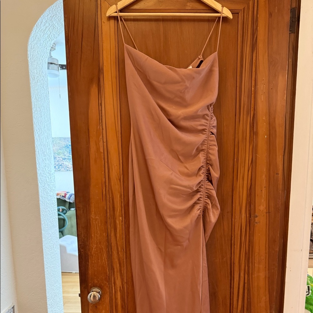 BHLDN cowl-neck ruched side slit satin gown